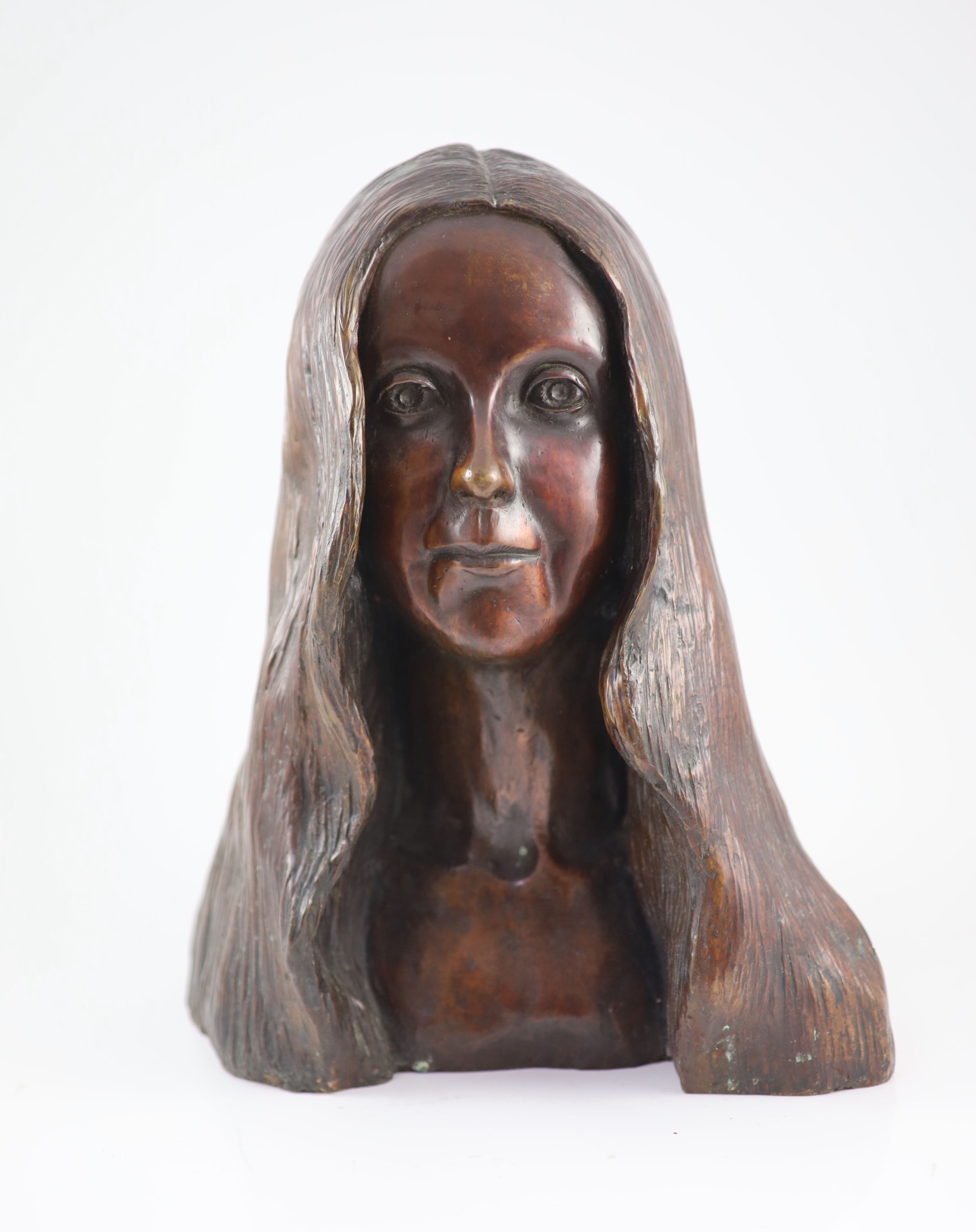 James Osborne (1940-1992), bronze, Head of a young woman with flowing hair H 36cm.